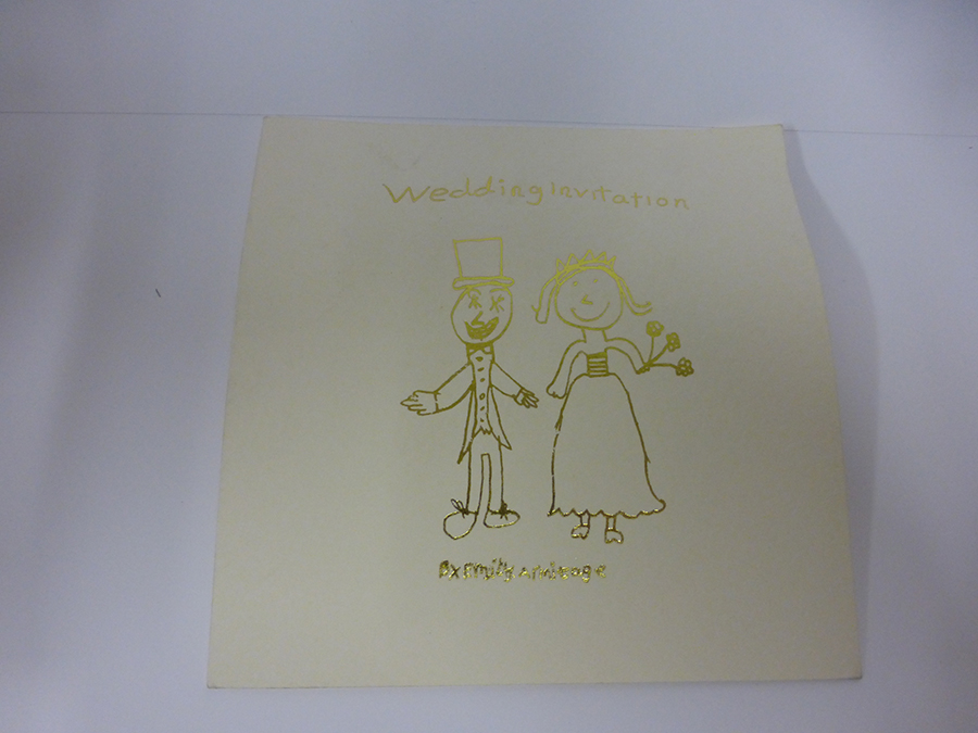 Gold Foiled Wedding Invite from hand drawn childs image
