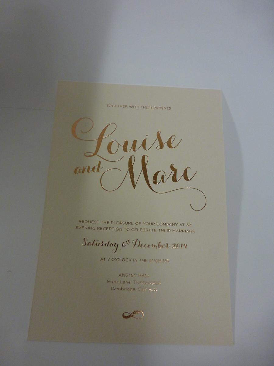 Rose Gold Wedding Invite on GF Smith Board